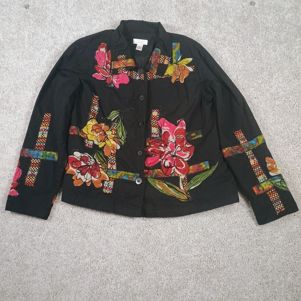 Sara‎ Studio Women's Jacket Y2K Black Floral Embroidered Patchwork Art